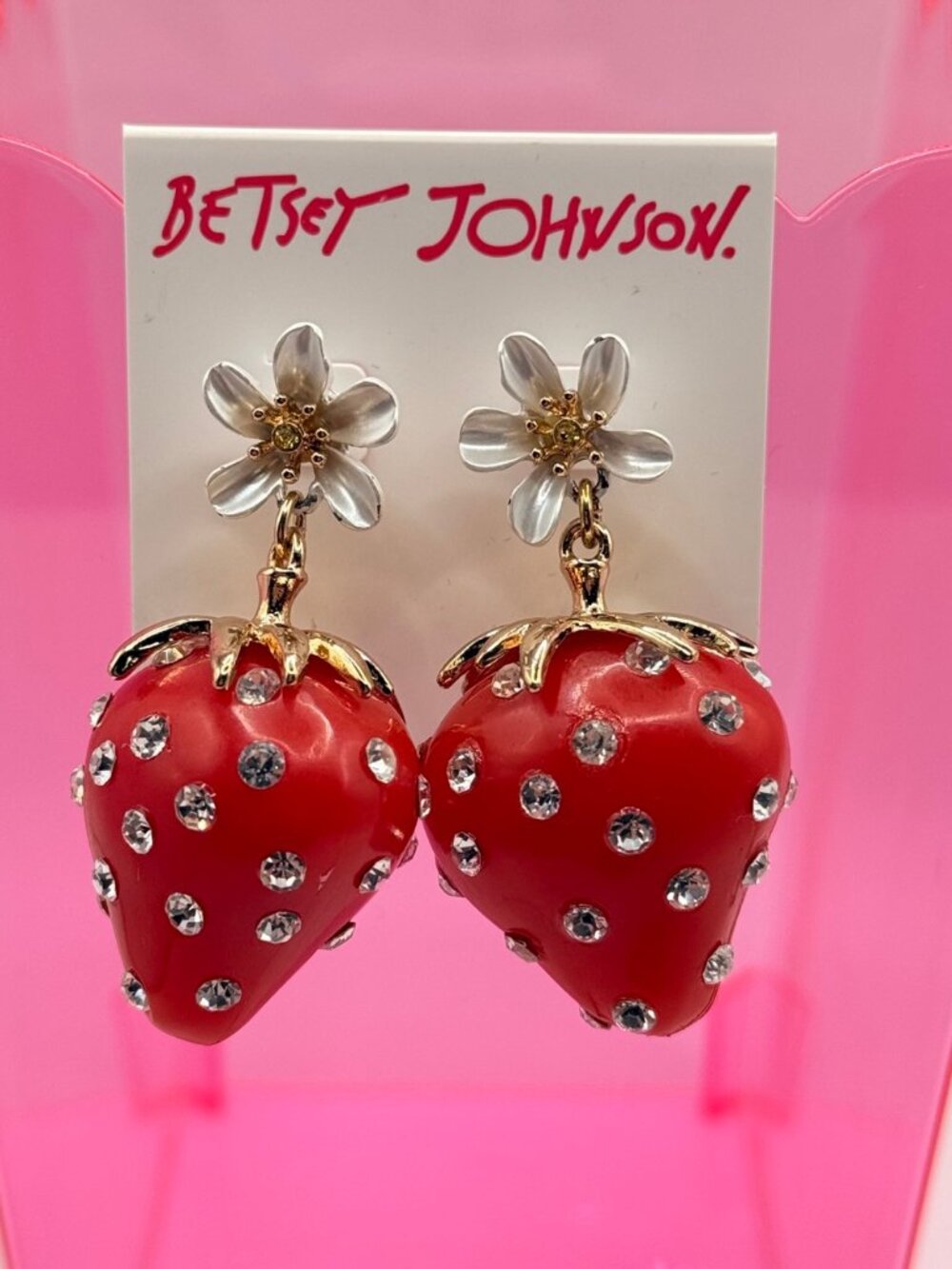 Betsey Johnson Strawberry Earrings Red Crystal Flower NWT